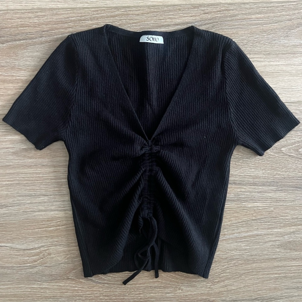 Black ribbed crop top with ruched front